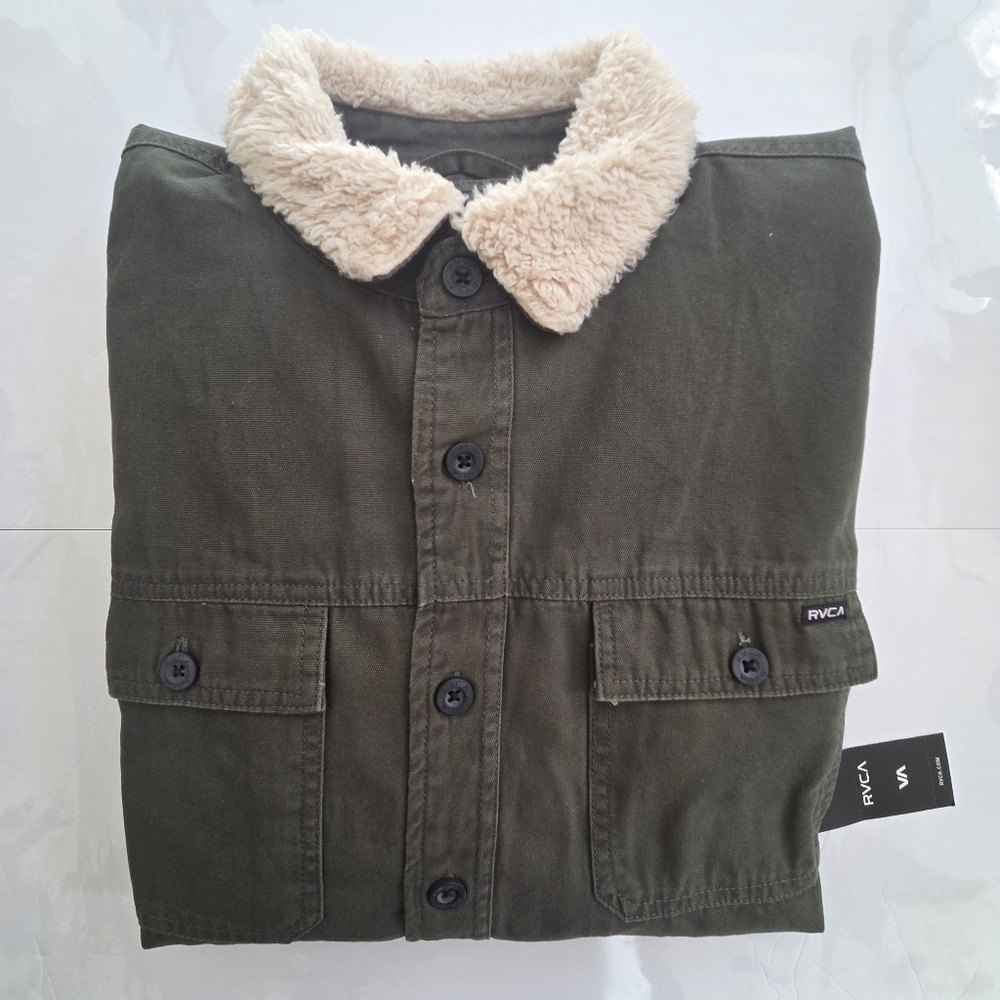 Men's Olive Green Jacket with Faux Shearling Collar - Picture 3 of 11